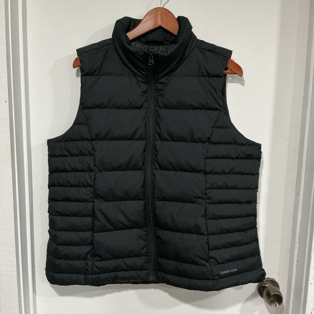 Lands End Puffer Down Vest, Full Zip, XL 18, black, Snap Pockets, Hiking